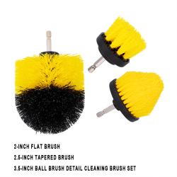 3Pcs Yellow Drill Cleaning Brush Set 2In Flat 2.5In Tapered 3.5In Ball For Car Detailing