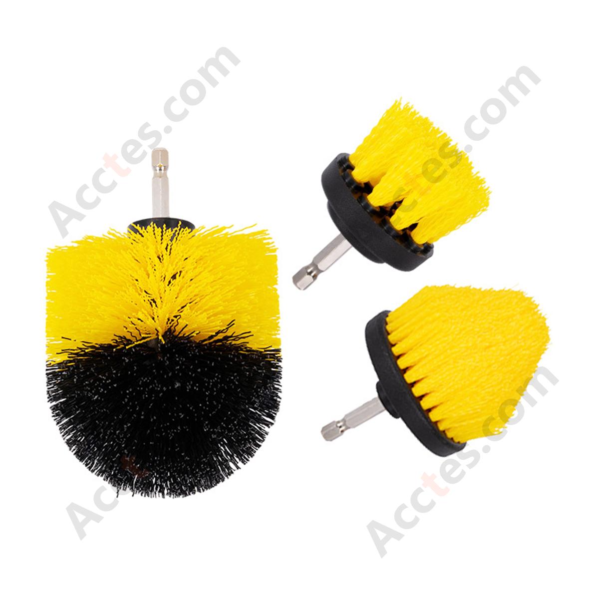 3Pcs Yellow Drill Cleaning Brush Set 2In Flat 2.5In Tapered 3.5In Ball For Car Detailing