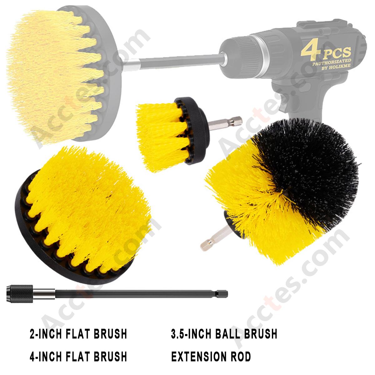 4Pcs Yellow Drill Cleaning Brush Set Brushes Plus Extension Rod For Auto Detailing Work