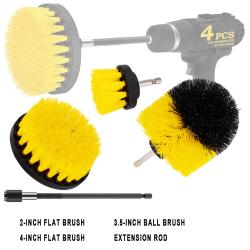 4Pcs Yellow Drill Cleaning Brush Set Brushes Plus Extension Rod For Auto Detailing Work