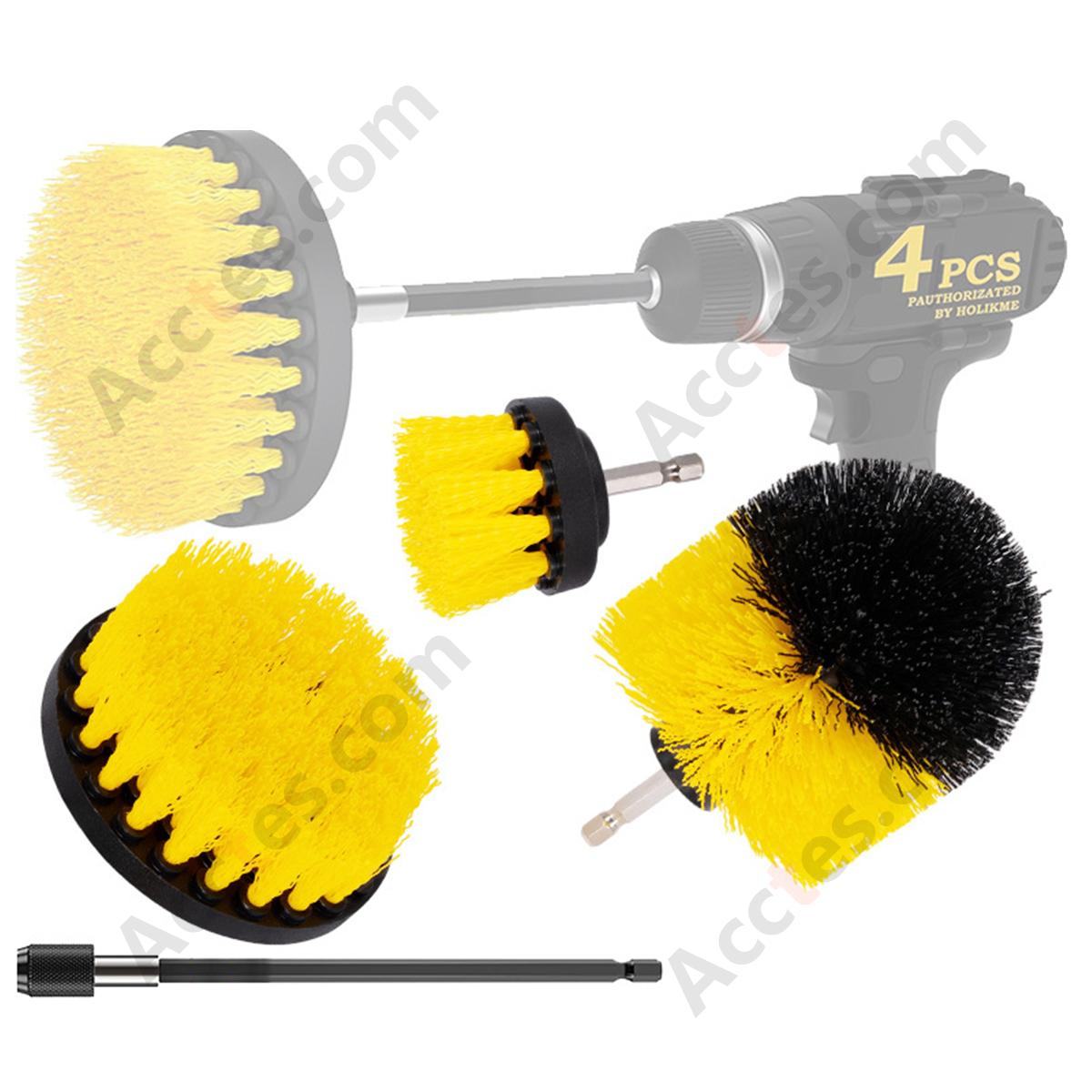 4Pcs Yellow Drill Cleaning Brush Set Brushes Plus Extension Rod For Auto Detailing Work