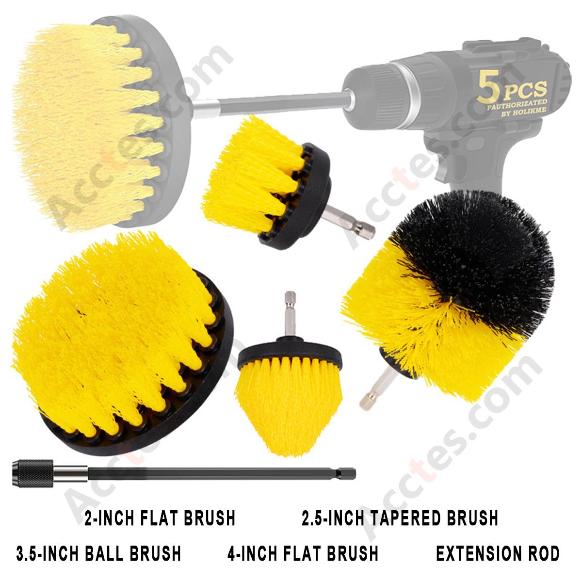 5Pcs Yellow Drill Cleaning Brush Kit Brushes And Extension Shaft For Multi‑Purpose Auto Detailing