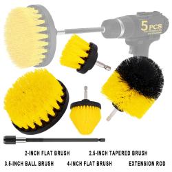 5Pcs Yellow Drill Cleaning Brush Kit Brushes And Extension Shaft For Multi‑Purpose Auto Detailing