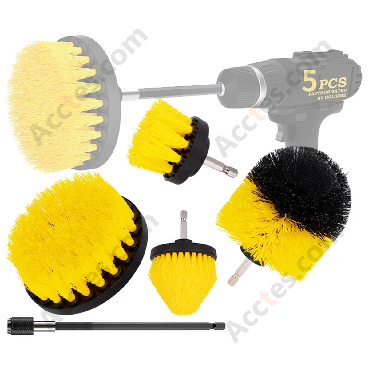 5Pcs Yellow Drill Cleaning Brush Kit Brushes And Extension Shaft For Multi‑Purpose Auto Detailing