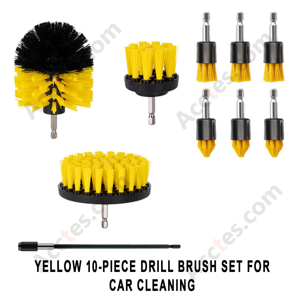 10Pcs Yellow Drill‑Mounted Cleaning Brush Kit Multi‑Size Brushes For Auto Detailing