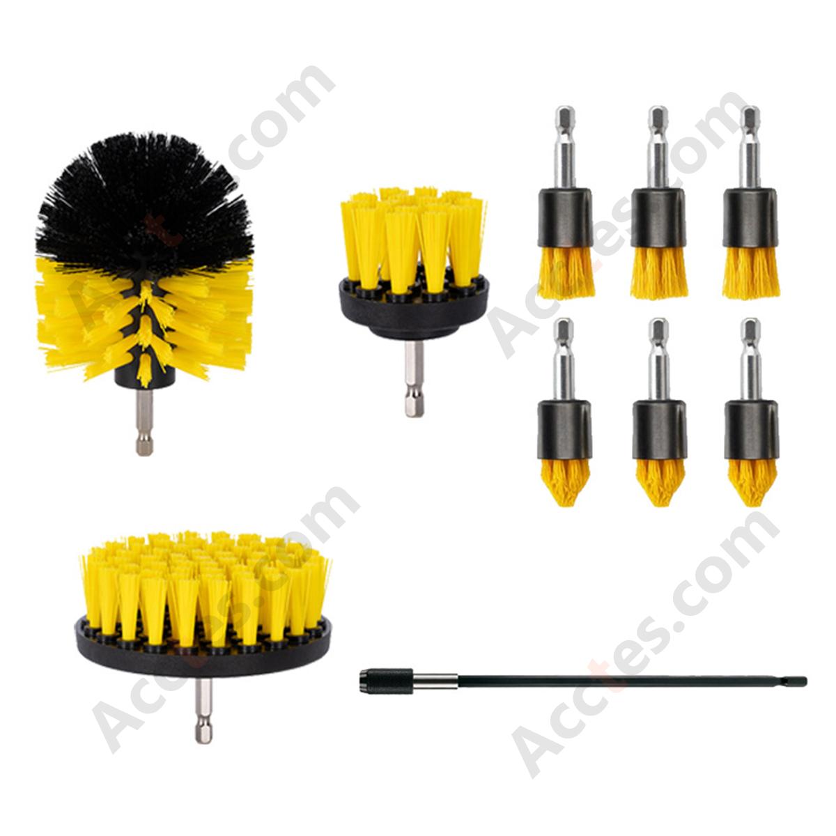 10Pcs Yellow Drill‑Mounted Cleaning Brush Kit Multi‑Size Brushes For Auto Detailing