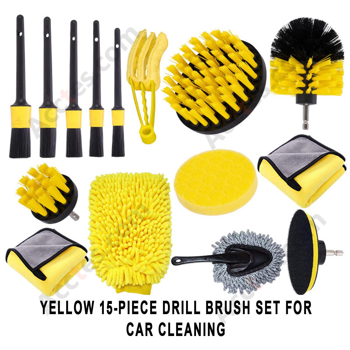 15Pcs Yellow Power Drill Brush Attachment Set Multi‑Shape Brushes For Auto Detailing
