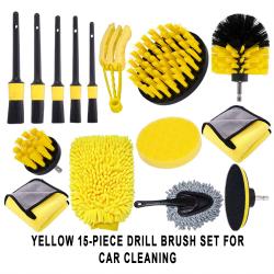 15Pcs Yellow Power Drill Brush Attachment Set Multi‑Shape Brushes For Auto Detailing