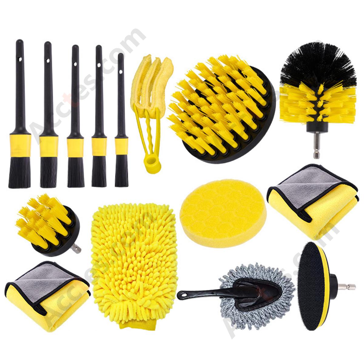 15Pcs Yellow Power Drill Brush Attachment Set Multi‑Shape Brushes For Auto Detailing