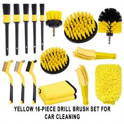 16Pcs Yellow Drill‑Mount Cleaning Brush Kit Multi‑Size Brushes For Car Detailing Washing