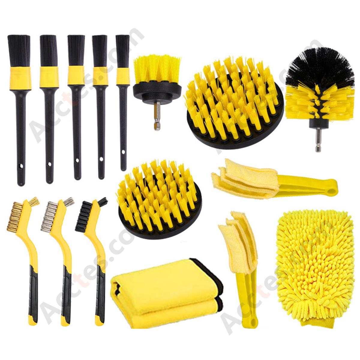16Pcs Yellow Drill‑Mount Cleaning Brush Kit Multi‑Size Brushes For Car Detailing Washing