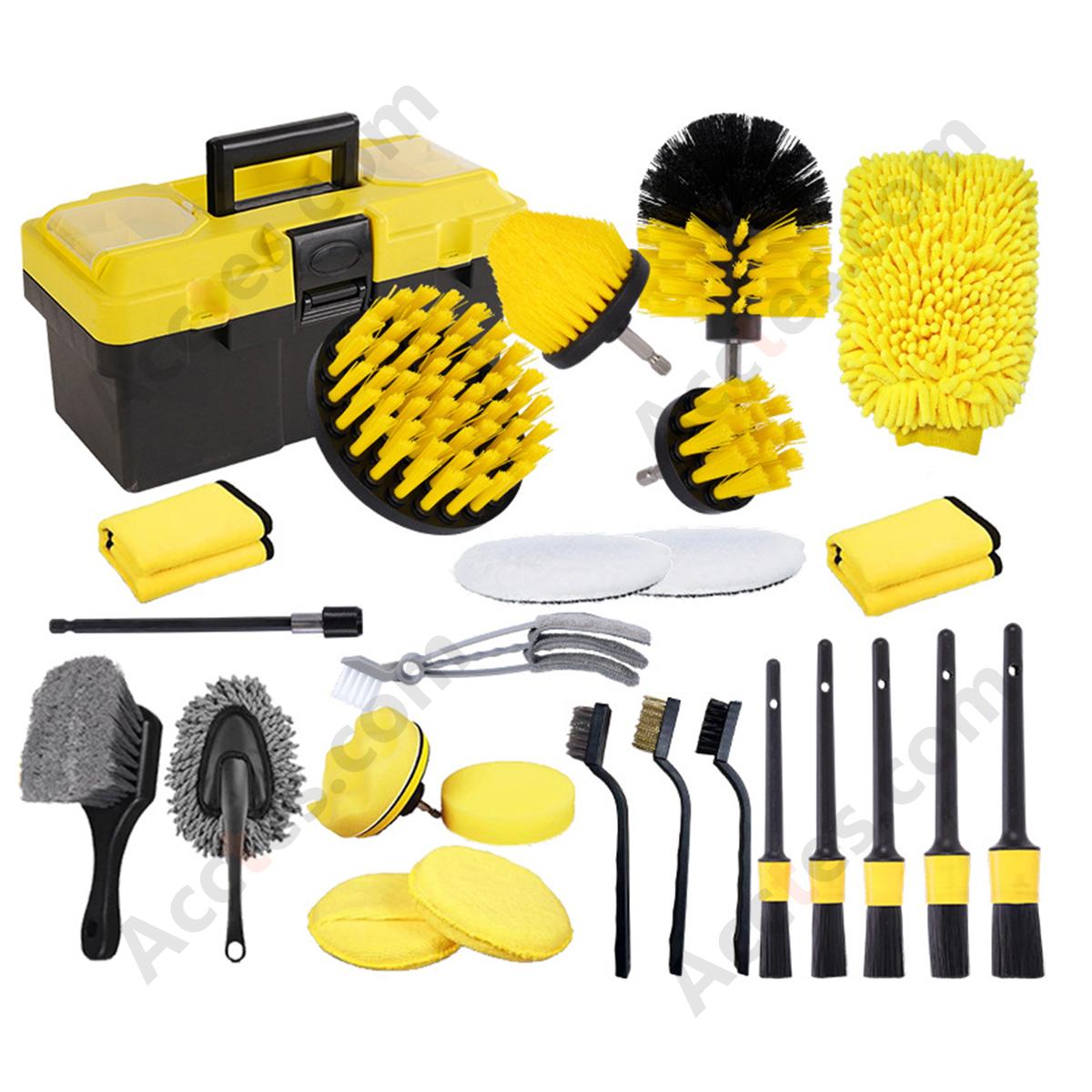 27Pcs Yellow Drill‑Mounted Cleaning Brush Full Set Multi‑Function For Auto Detailing