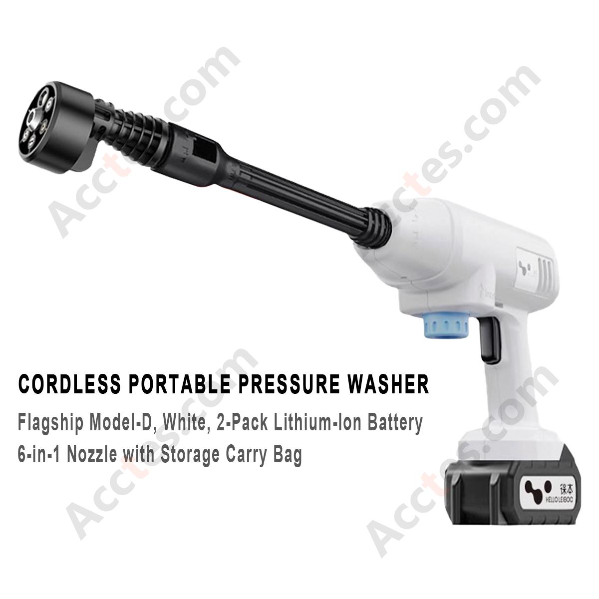White Portable Cordless Lithium Car Washer Gun D Version 2 Batteries 6‑in‑1 Nozzle Storage Bag Car Wash Set