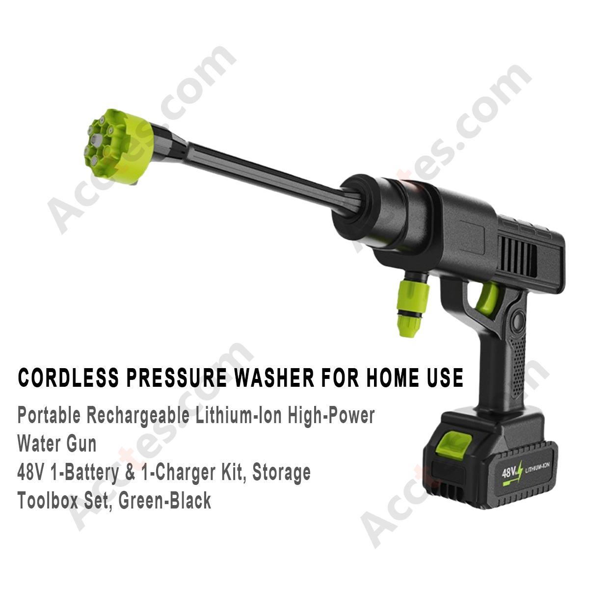 48V Household Portable Cordless Lithium Car Washer 1 Battery 1 Charger Tool Box Kit Green‑Black Vehicle Washing Machine