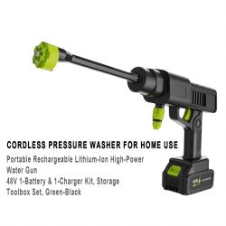 48V Household Portable Cordless Lithium Car Washer 1 Battery 1 Charger Tool Box Kit Green‑Black Vehicle Washing Machine
