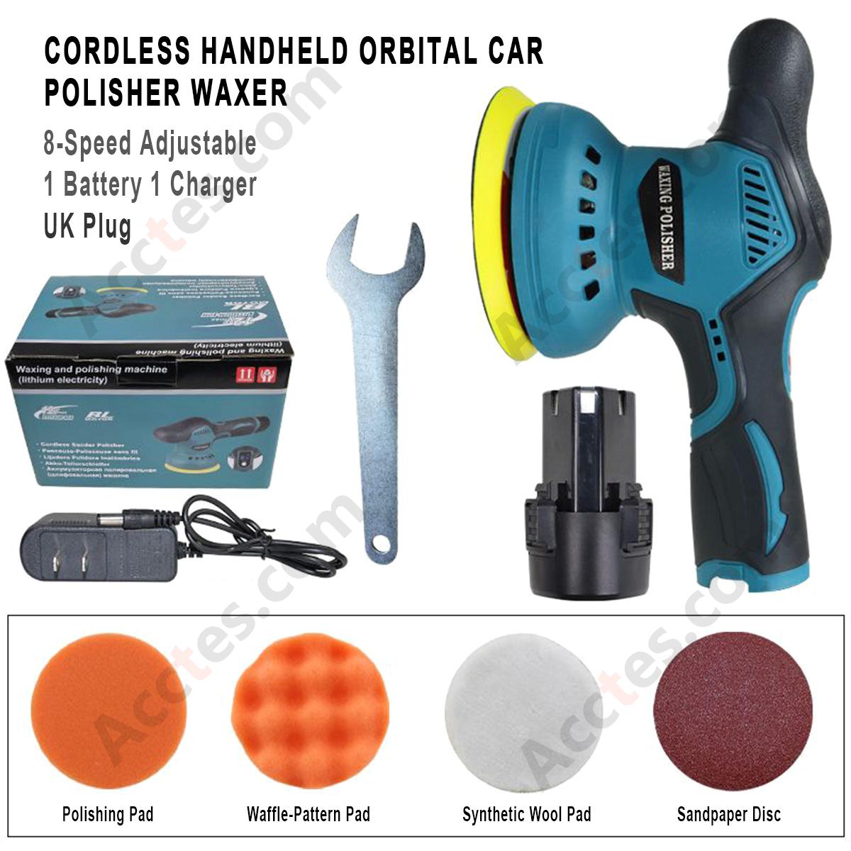 Cordless Handheld Orbital Car Polisher Waxer 8‑Speed Adjustable 1 Battery 1 Charger UK Plug Car Beauty Tool