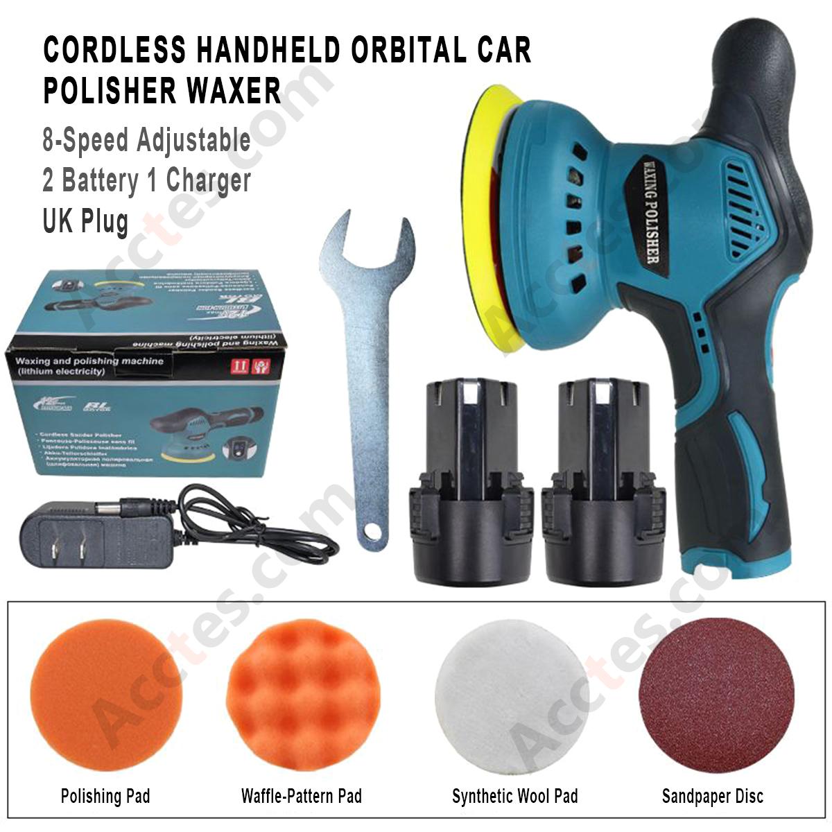 Cordless Handheld Orbital Car Polisher Waxer 8‑Speed Adjustable 2 Batteries 1 Charger UK Plug Car Polishing Tool