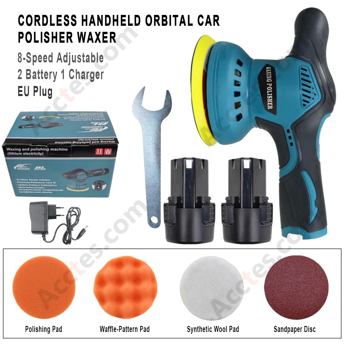Cordless Handheld Orbital Car Polisher Waxer 8‑Speed 2 Batteries 1 Charger EU Plug Car Beauty Polishing Kit