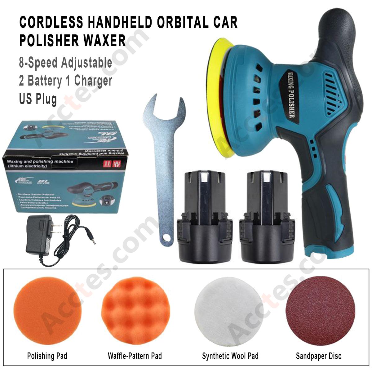 Cordless Handheld Orbital Car Polisher Waxer 8‑Speed 2 Batteries 1 Charger US Plug Auto Beauty Polishing Kit