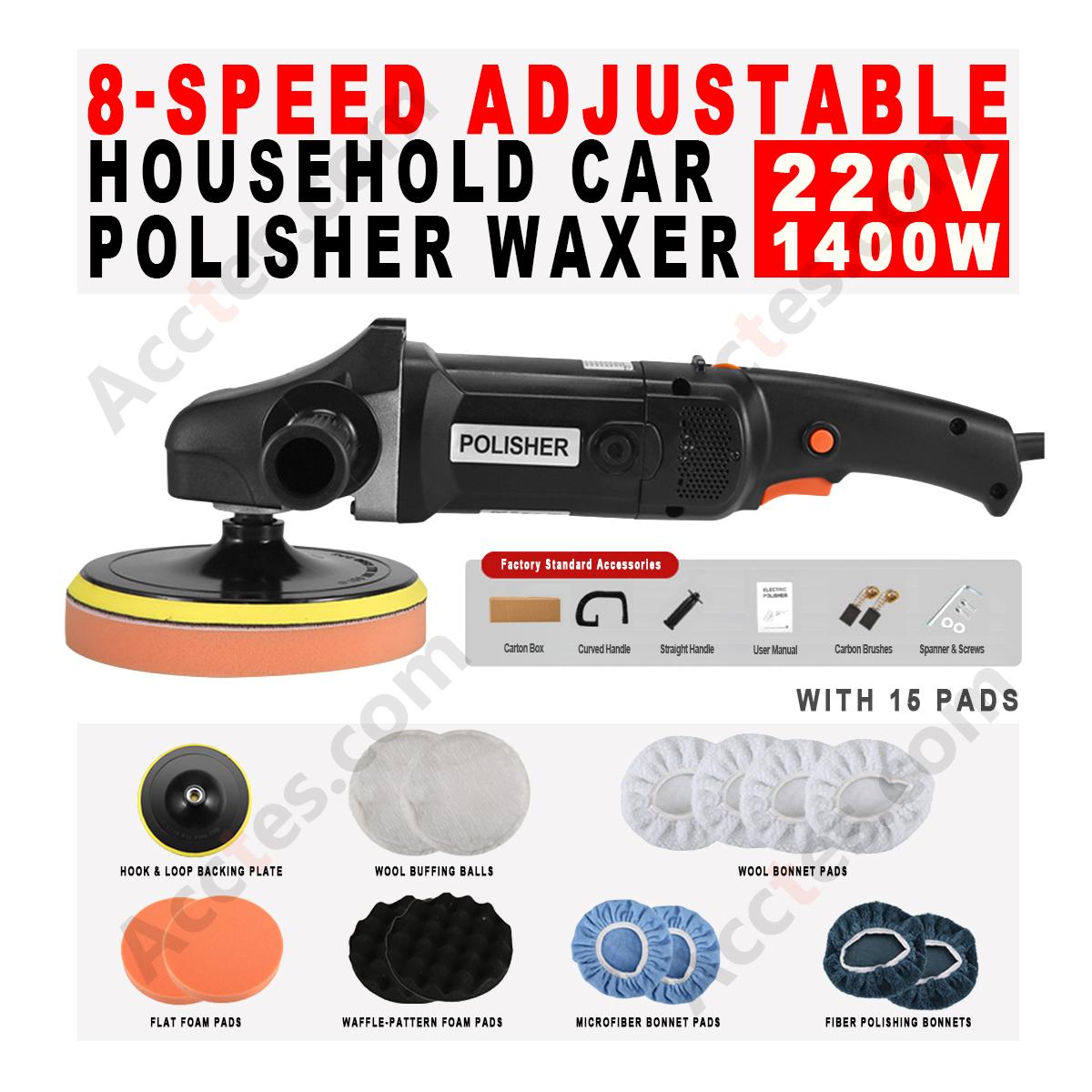 8‑Speed 1400W 220V Household Car Polisher Waxer Insulated Gloss Black Head with 15 Polishing Pads Auto Detailing Machine