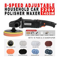 8‑Speed 1400W 220V Household Car Polisher Waxer Insulated Gloss Black Head with 15 Polishing Pads & 5 Sandpapers Auto Detailing Machine