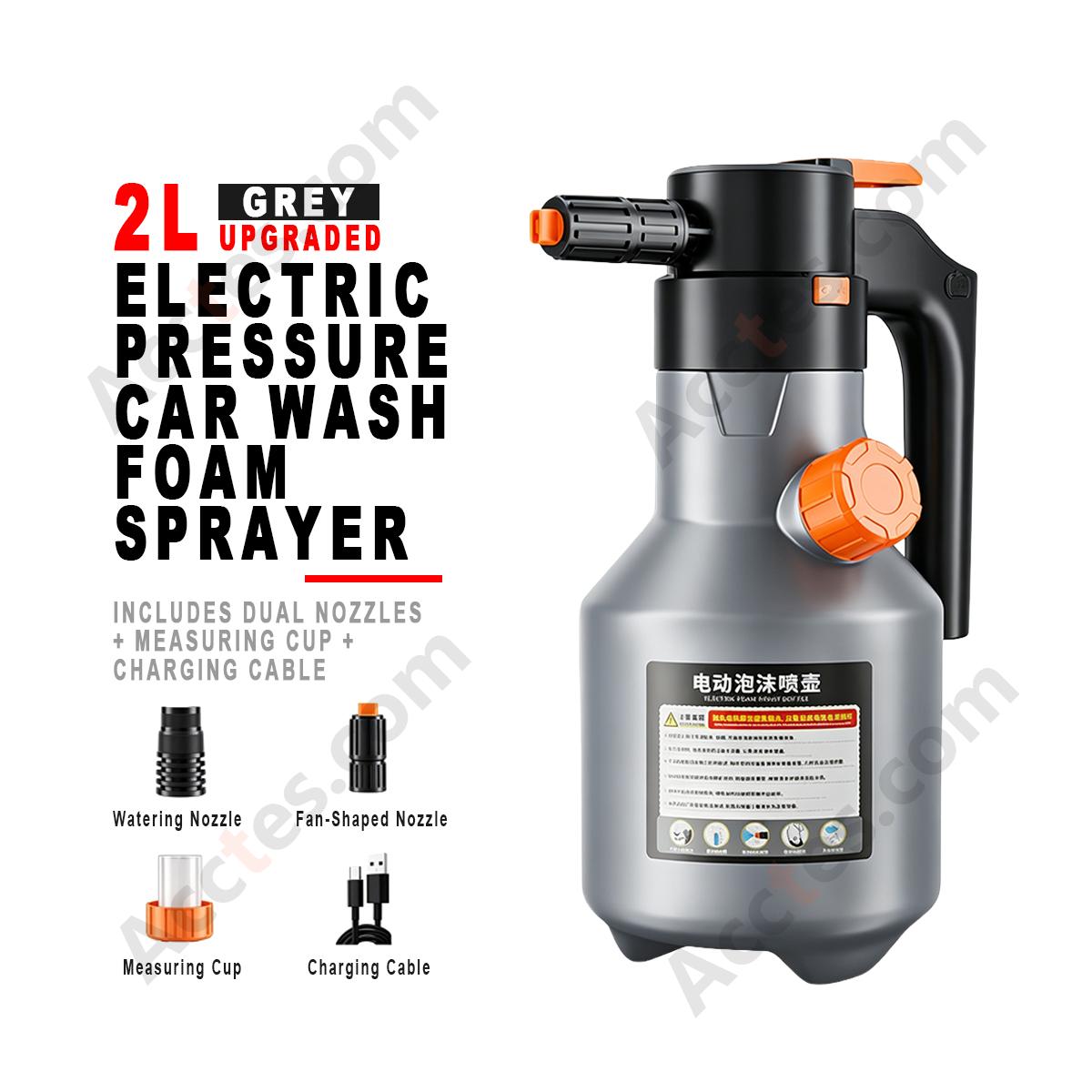 Upgraded 2L Electric Pressure Car Wash Foam Sprayer Grey Portable Home Vehicle Foam Washing Tool