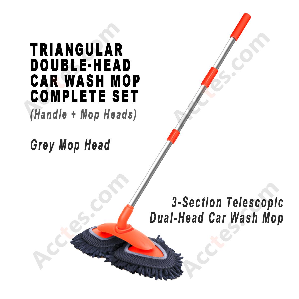 Triangular Double‑Head Car Wash Mop Full Set Grey Mop Head With Handle Soft Microfiber Car Cleaning Tool