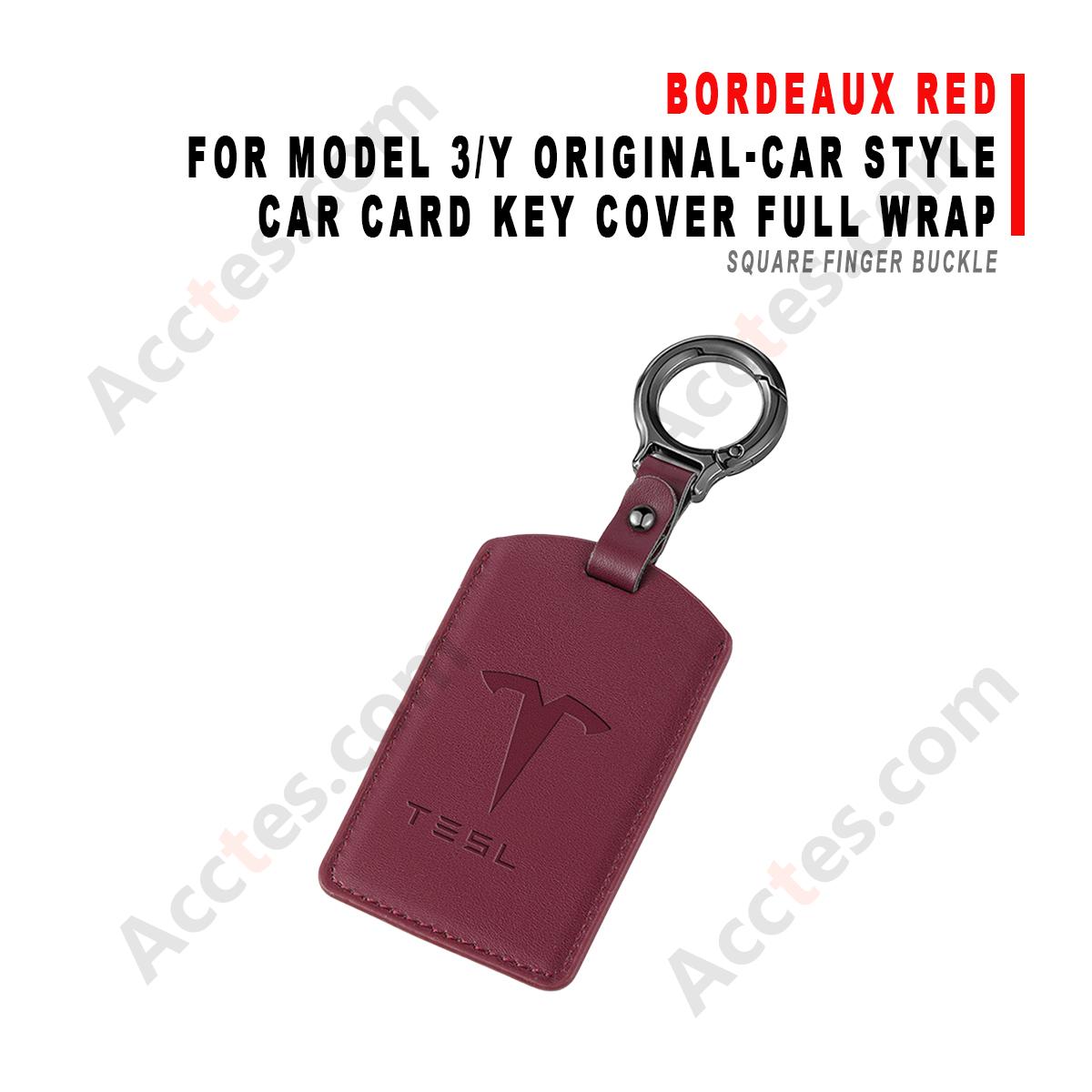 Car Card Key Cover Full Wrap For Model 3/Y Original‑car Style Bordeaux Red With Square Finger Buckle Protector Shell
