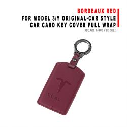Car Card Key Cover Full Wrap For Model 3/Y Original‑car Style Bordeaux Red With Square Finger Buckle Protector Shell