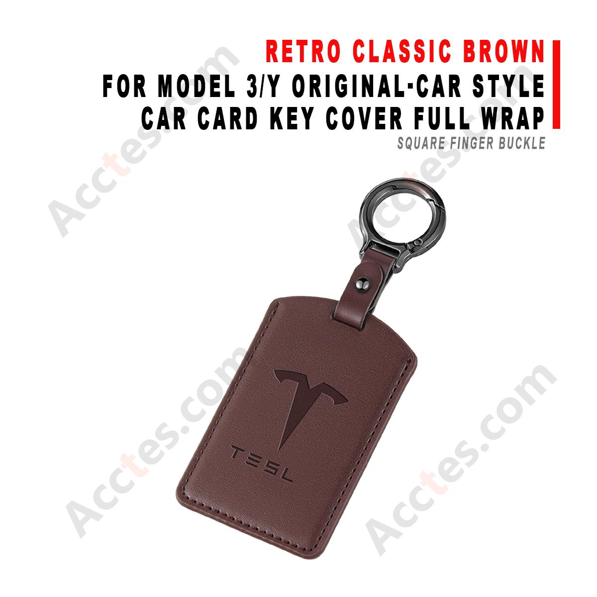 Car Card Key Cover Full Wrap For Model 3/Y Original‑car Style Retro Classic Brown With Square Finger Buckle Protector Shell