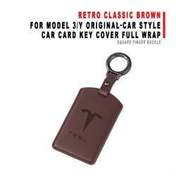 Car Card Key Cover Full Wrap For Model 3/Y Original‑car Style Retro Classic Brown With Square Finger Buckle Protector Shell