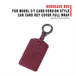Car Card Key Cover Full Wrap For Model 3/Y Card‑version Style Bordeaux Red With Square Finger Buckle Protector Shell
