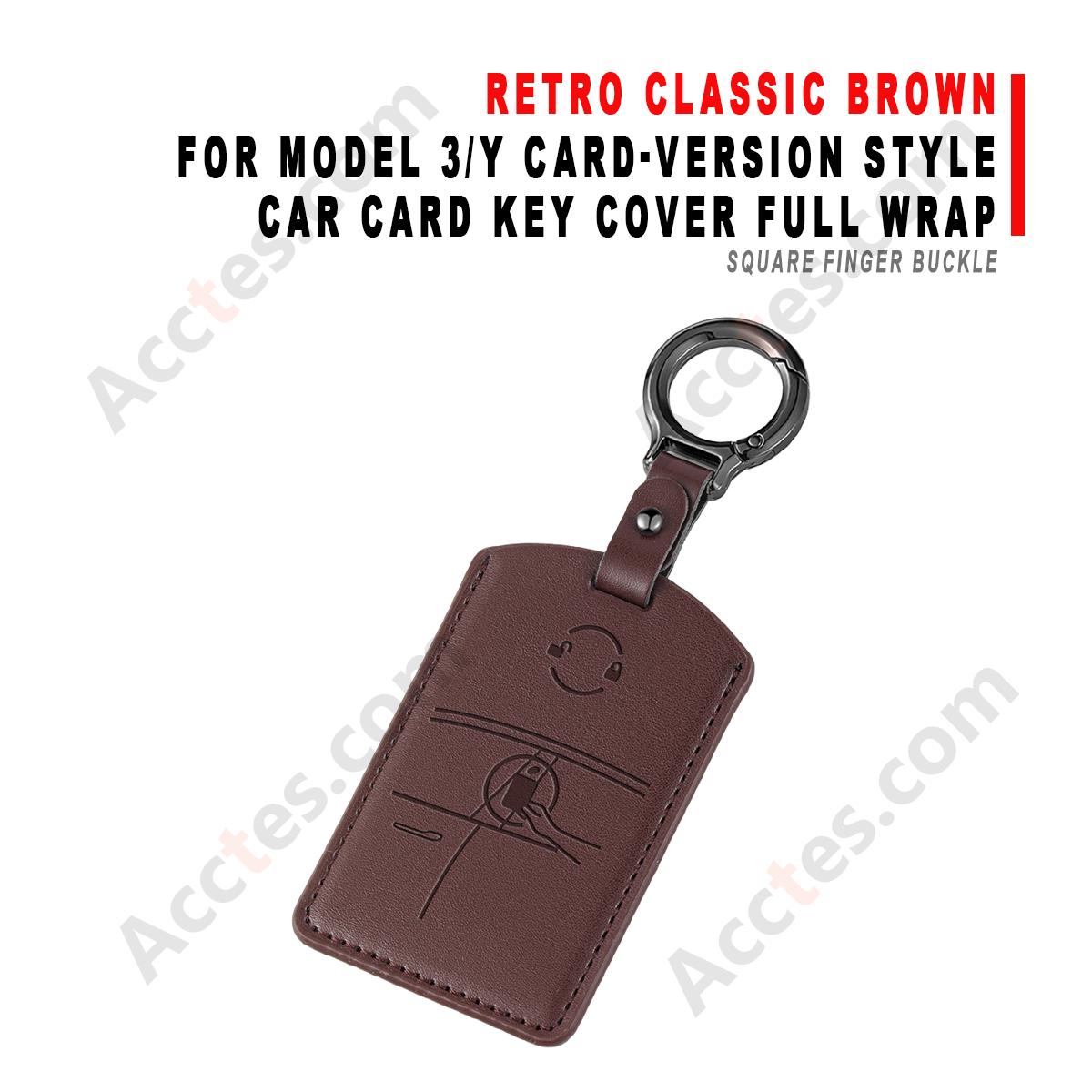 Car Card Key Cover Full Wrap For Model 3/Y Card‑version Style Retro Classic Brown With Square Finger Buckle Protector Shell