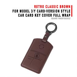 Car Card Key Cover Full Wrap For Model 3/Y Card‑version Style Retro Classic Brown With Square Finger Buckle Protector Shell