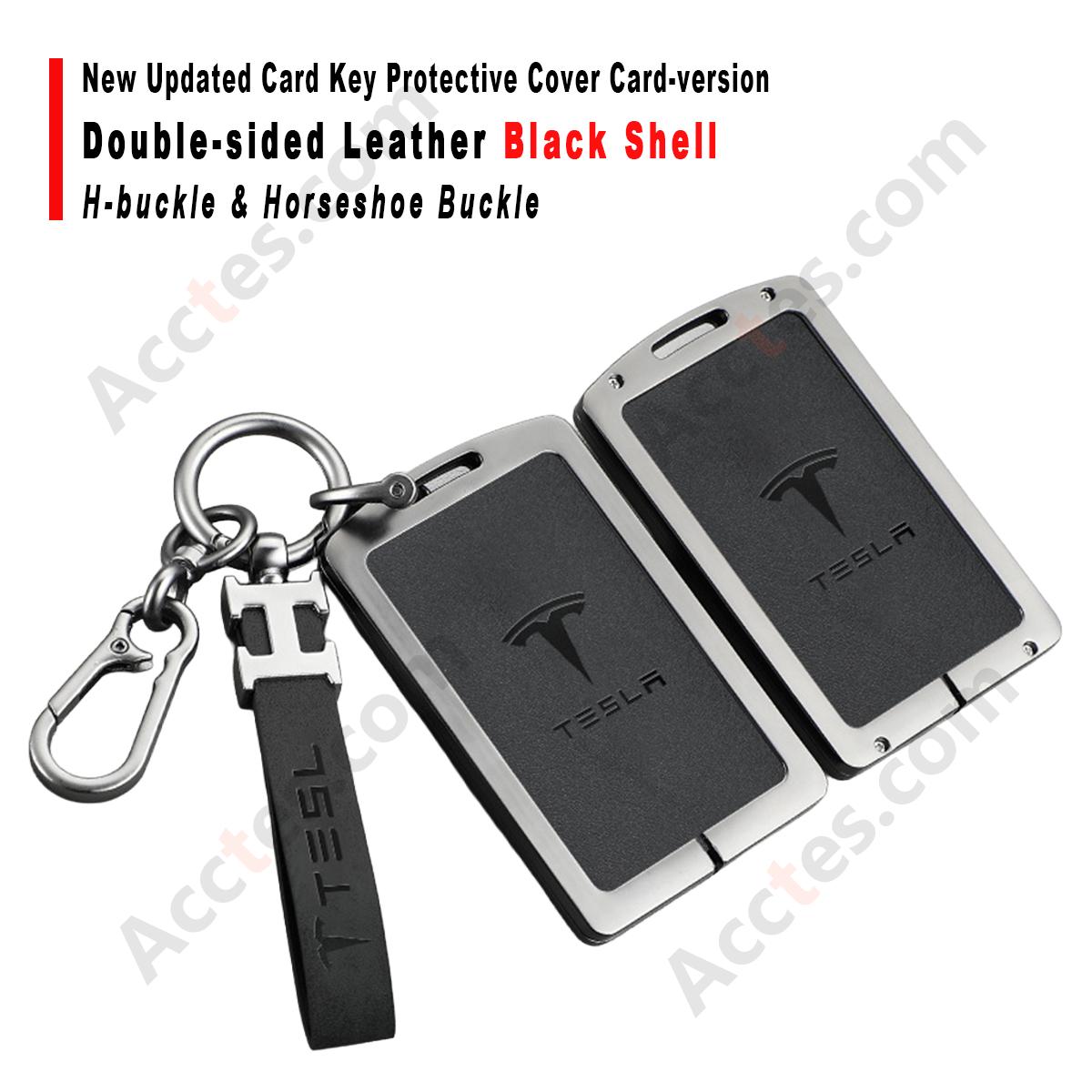 New Updated Card Key Protective Cover For Model 3/Y Card‑version Double‑sided Leather Black Shell With H‑buckle Horseshoe Buckle