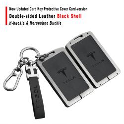 New Updated Card Key Protective Cover For Model 3/Y Card‑version Double‑sided Leather Black Shell With H‑buckle Horseshoe Buckle