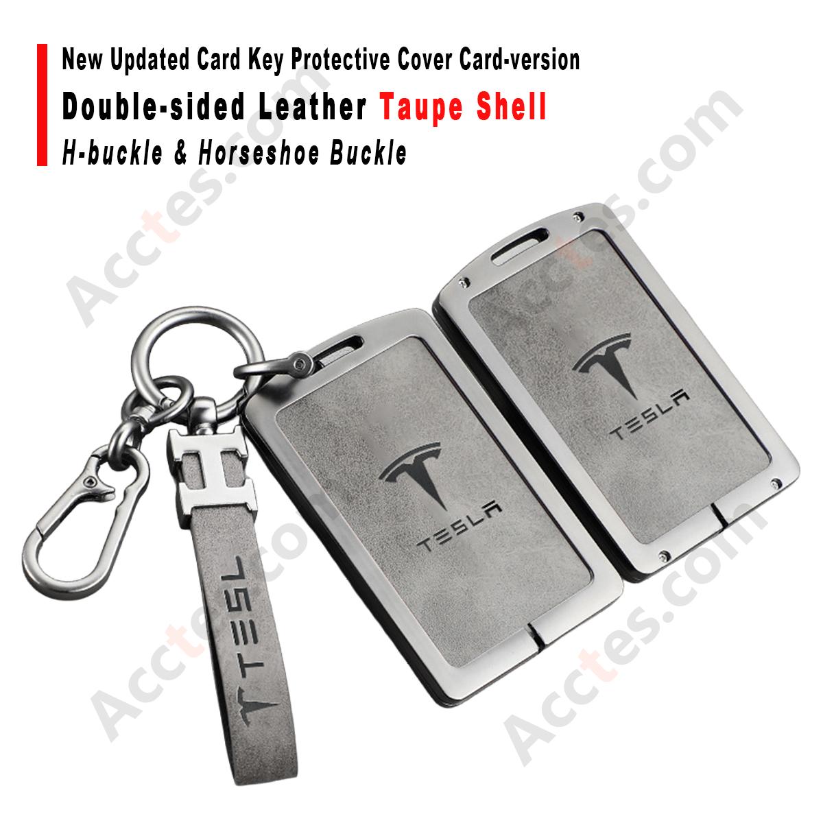 New Updated Card Key Protective Cover For Model 3/Y Card‑version Double‑sided Leather Taupe Shell With H‑buckle Horseshoe Buckle