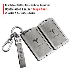 New Updated Card Key Protective Cover For Model 3/Y Card‑version Double‑sided Leather Taupe Shell With H‑buckle Horseshoe Buckle