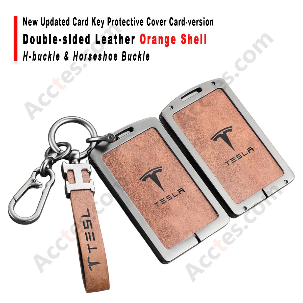 New Updated Card Key Protective Cover For Model 3/Y Card‑version Double‑sided Leather Orange Shell With H‑buckle Horseshoe Buckle