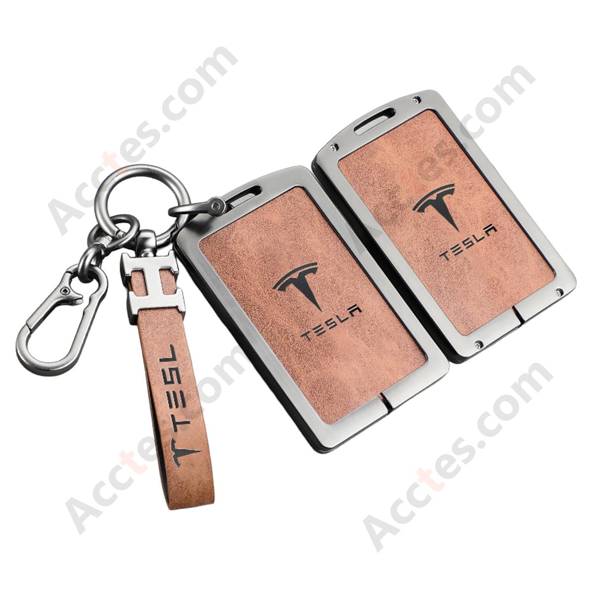 New Updated Card Key Protective Cover For Model 3/Y Card‑version Double‑sided Leather Orange Shell With H‑buckle Horseshoe Buckle