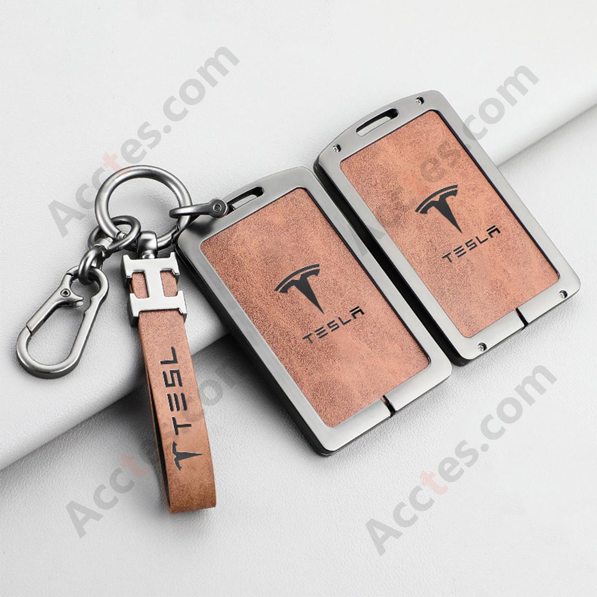 New Updated Card Key Protective Cover For Model 3/Y Card‑version Double‑sided Leather Orange Shell With H‑buckle Horseshoe Buckle