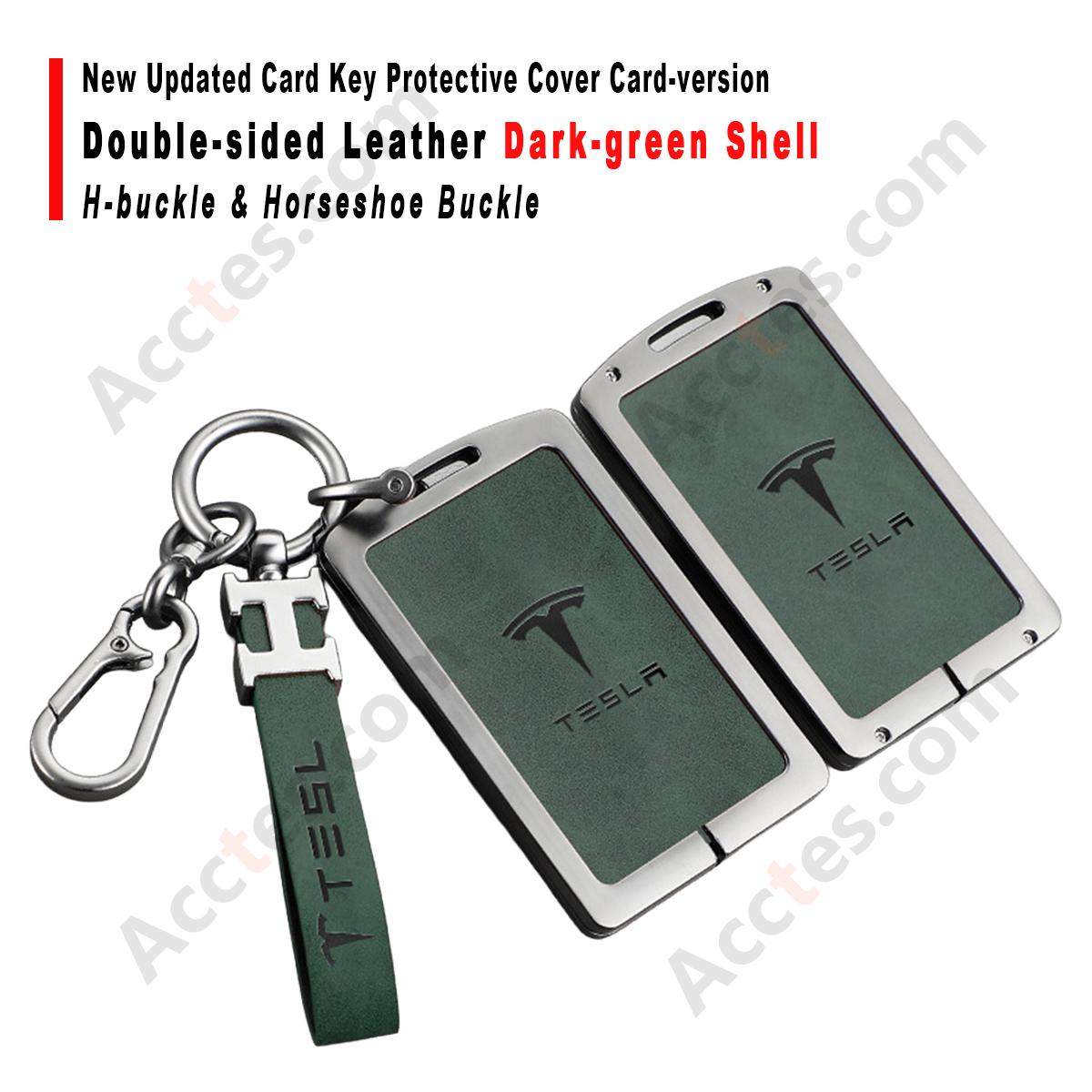 New Updated Card Key Protective Cover For Model 3/Y Card‑version Double‑sided Leather Dark‑green Shell With H‑buckle Horseshoe Buckle