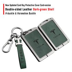 New Updated Card Key Protective Cover For Model 3/Y Card‑version Double‑sided Leather Dark‑green Shell With H‑buckle Horseshoe Buckle