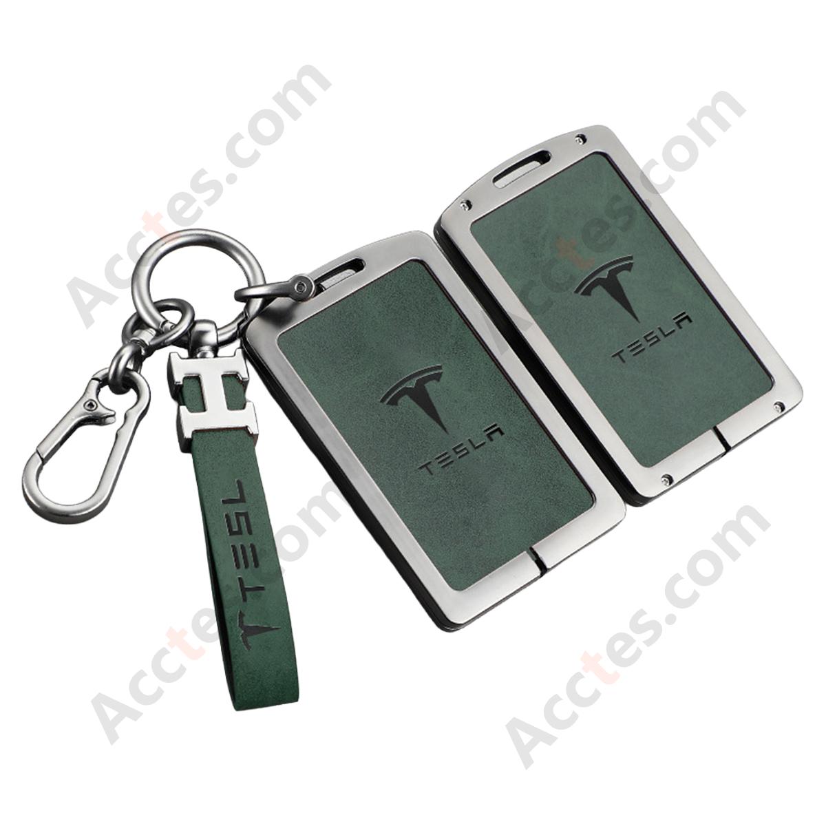 New Updated Card Key Protective Cover For Model 3/Y Card‑version Double‑sided Leather Dark‑green Shell With H‑buckle Horseshoe Buckle