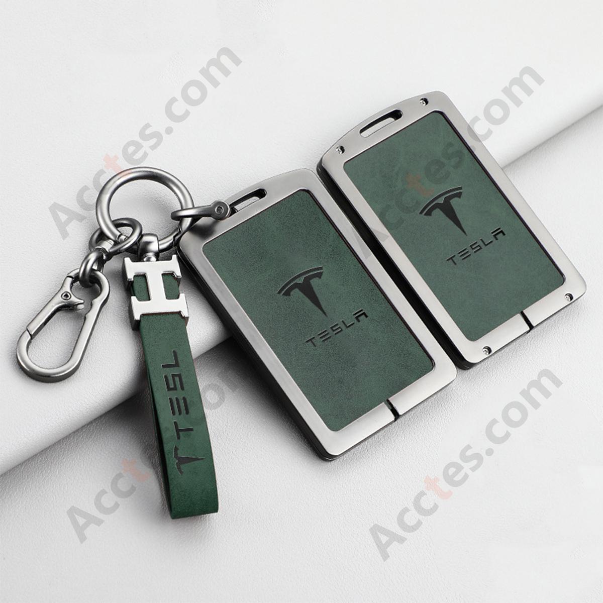 New Updated Card Key Protective Cover For Model 3/Y Card‑version Double‑sided Leather Dark‑green Shell With H‑buckle Horseshoe Buckle