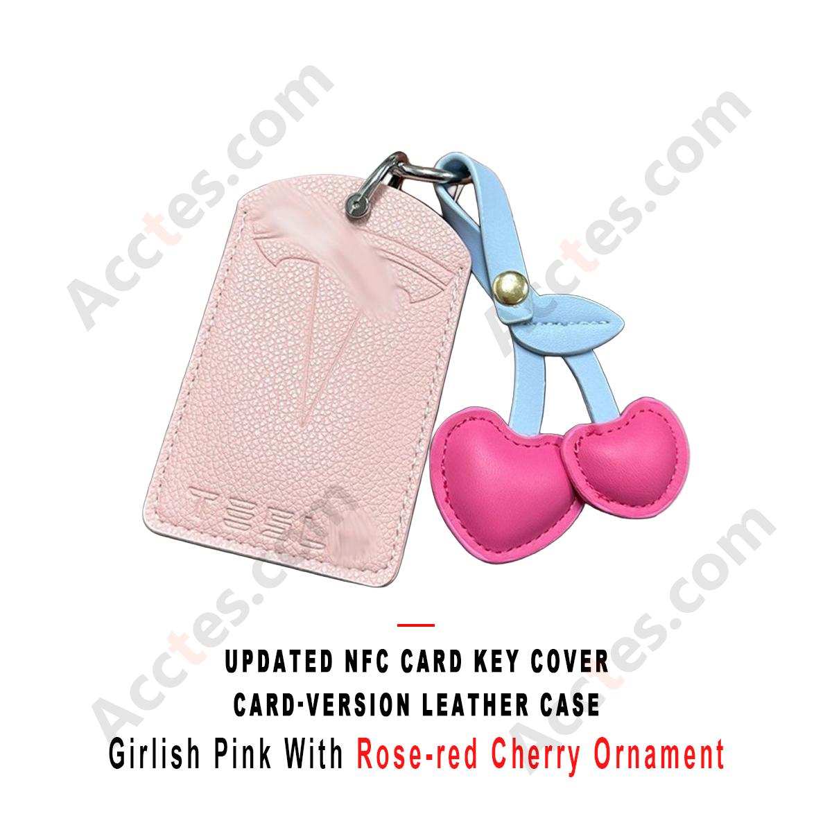 Updated NFC Card Key Leather Cover For Model 3/Y Card‑version Girlish Pink Shell With Rose‑red Cherry Ornament