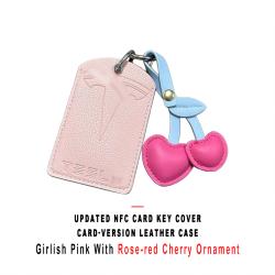 Updated NFC Card Key Leather Cover For Model 3/Y Card‑version Girlish Pink Shell With Rose‑red Cherry Ornament