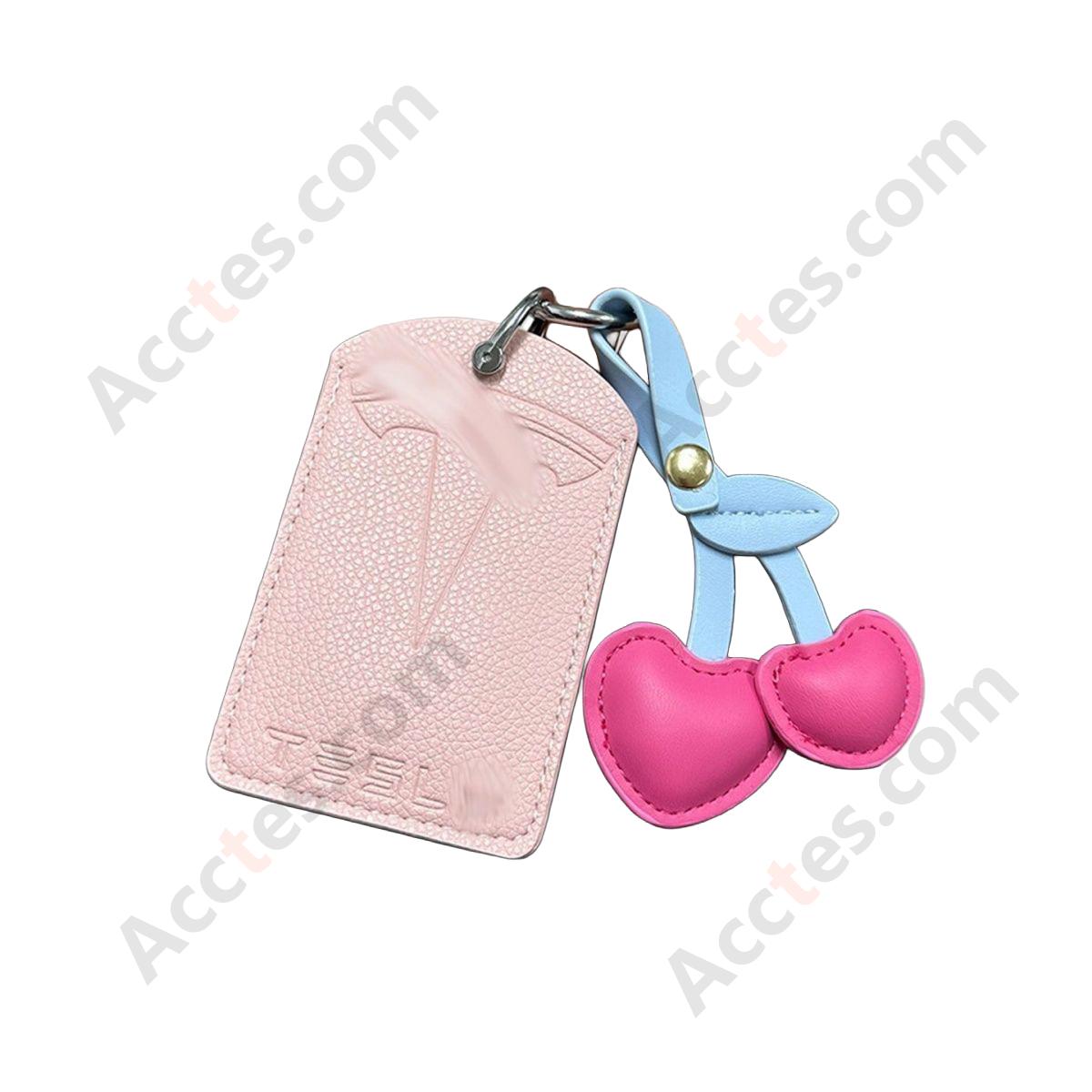 Updated NFC Card Key Leather Cover For Model 3/Y Card‑version Girlish Pink Shell With Rose‑red Cherry Ornament