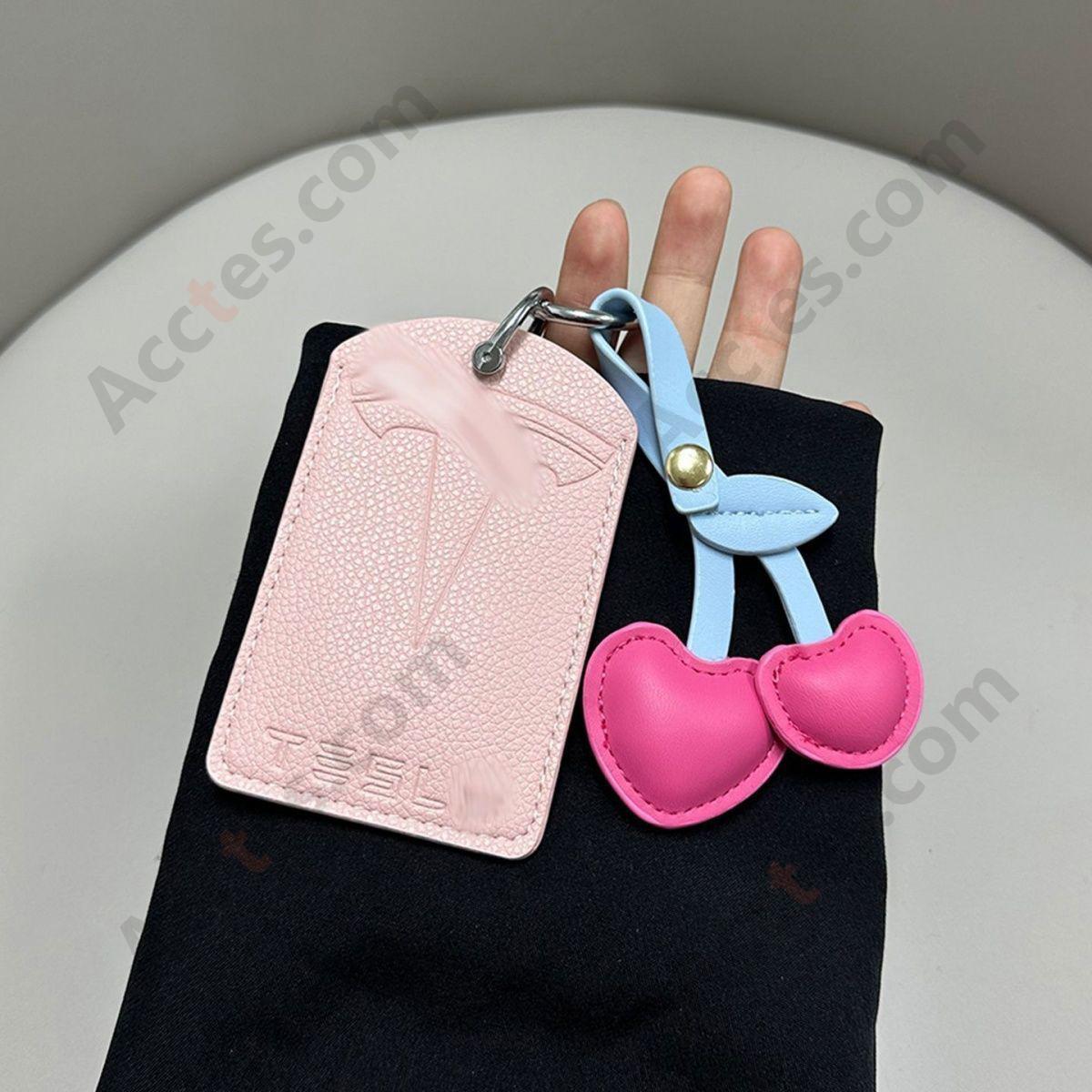 Updated NFC Card Key Leather Cover For Model 3/Y Card‑version Girlish Pink Shell With Rose‑red Cherry Ornament