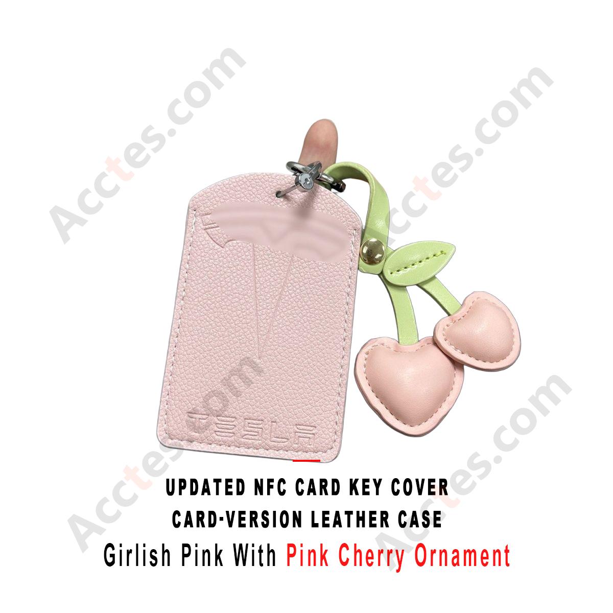 Updated NFC Card Key Leather Cover For Model 3/Y Card‑version Girlish Pink Shell With Pink Cherry Ornament